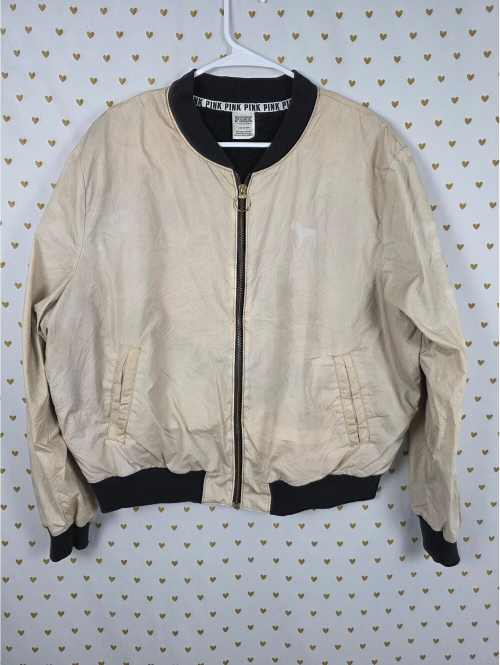 Victorias Secret Pink Gold Bomber Jacket Sherpa Lined Full zip Large